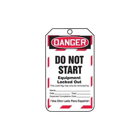Accuform Safety Tags, DANGER DO NOT START EQUIPMENT LOCKED OUT Bilingual Spanish, 5.75in x 3.25in, 5PK TSP182PTM